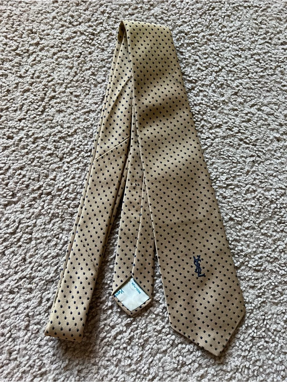 Vintage Yves Saint Laurent Silk Polka Dot Tie YSL Tan Gold Navy Logo